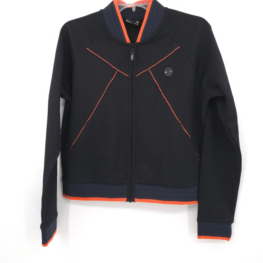 The Upside Midnight Drop Shot Bomber Jacket Women 8 Black Orange Mesh Activewear